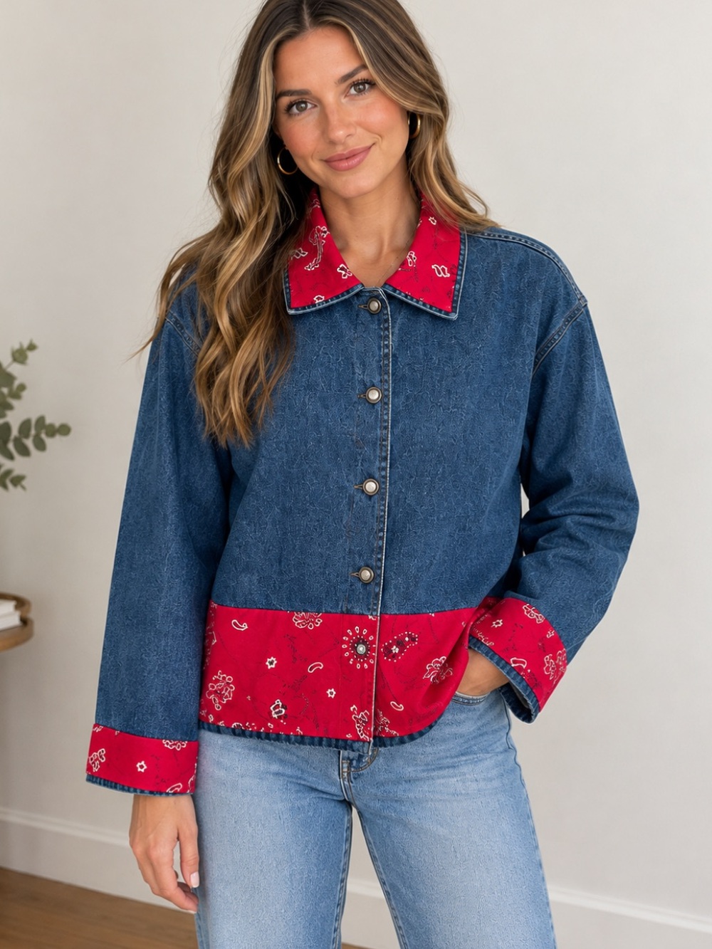 Vintage Bedford Fair Denim Button Down Shirt jacket with red bandana trim